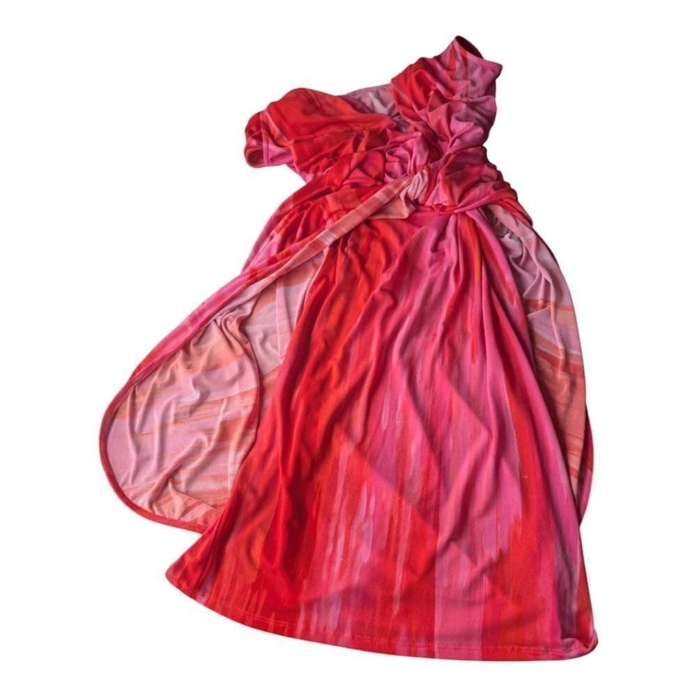 Natori Red Pink Watercolor Ruched Sheath Dress V-Neck Sleeveless Cocktail Small - Picture 5 of 10